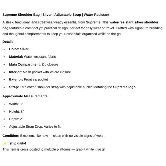 Supreme Shoulder Bag Silver Water Resistant Logo Strap - Picture 6 of 6